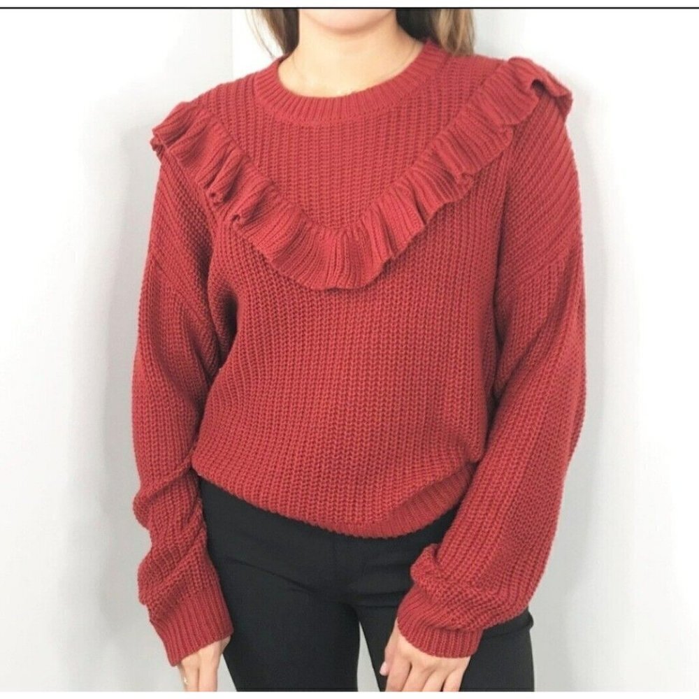 Blank NYC Size L‎ Sweater Women's Burgundy Red Long Sleeve Ruffle Front Accent